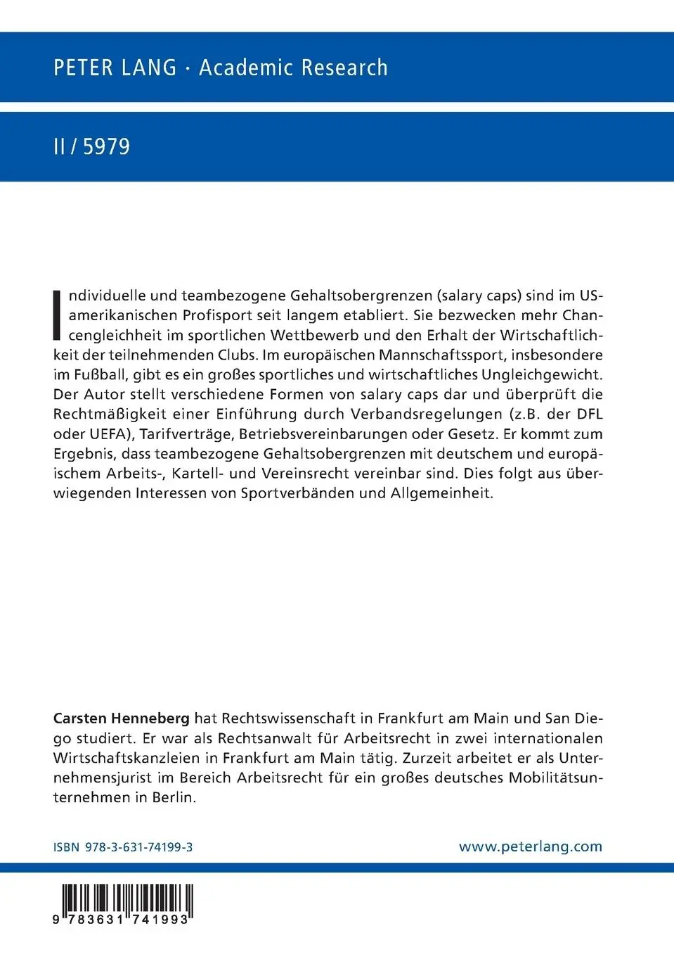 Rückseite: 9783631741993 | Gehaltsobergrenzen im Sport | Carsten Henneberg | Taschenbuch | 282 S.
