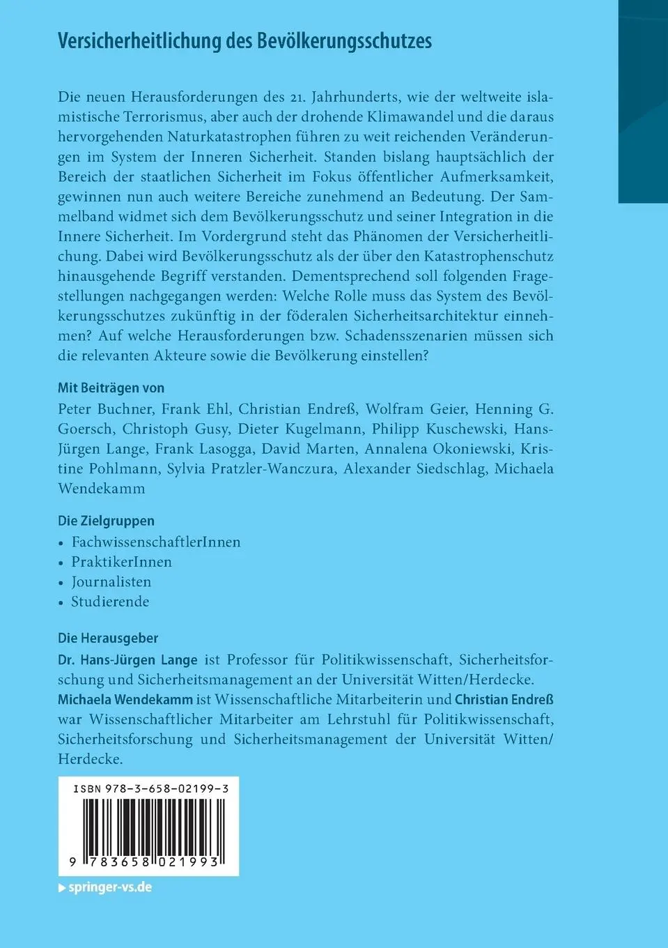 Rückseite: 9783658021993 | Versicherheitlichung des Bevölkerungsschutzes | Lange (u. a.) | Buch