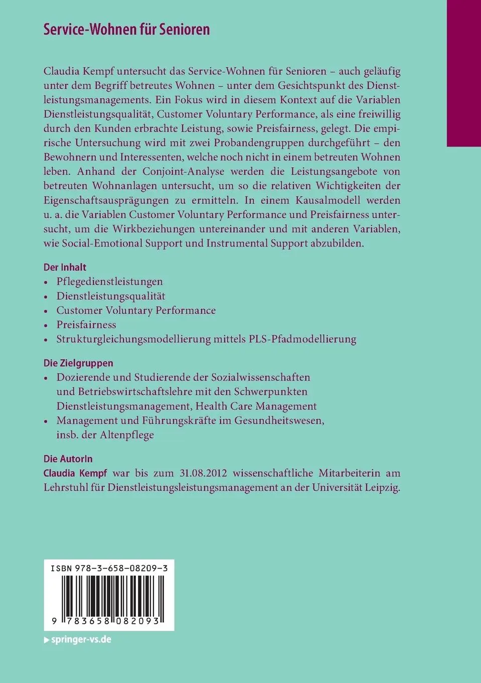 Rückseite: 9783658082093 | Service-Wohnen für Senioren | Claudia Kempf | Taschenbuch | xxxviii