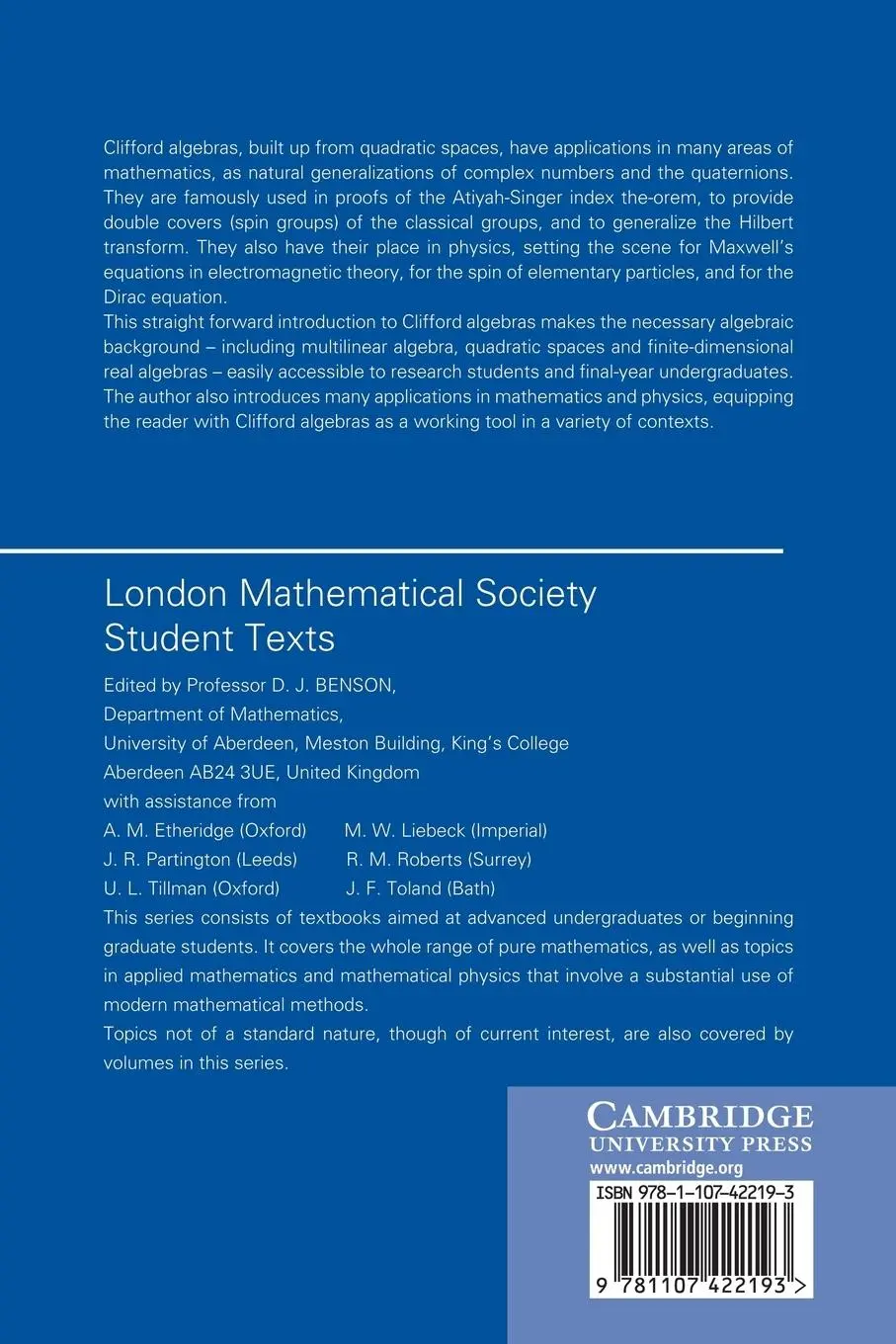 Rückseite: 9781107422193 | Clifford Algebras | An Introduction | D. J. H. Garling | Taschenbuch