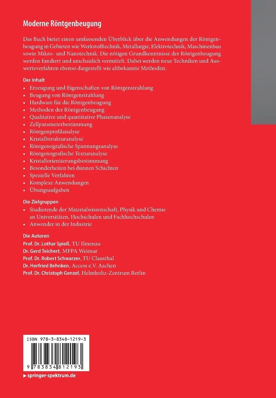 Rückseite: 9783834812193 | Moderne Röntgenbeugung | Lothar Spieß (u. a.) | Taschenbuch | xvi