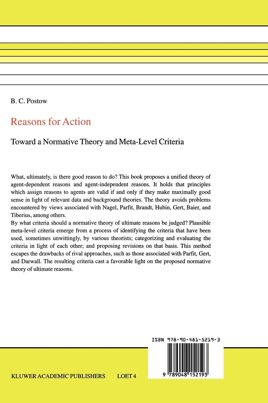 Rückseite: 9789048152193 | Reasons for Action | Toward a Normative Theory and Meta-Level Criteria