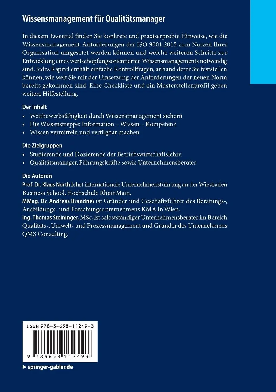 Rückseite: 9783658112493 | Wissensmanagement für Qualitätsmanager | Klaus North (u. a.) | Buch