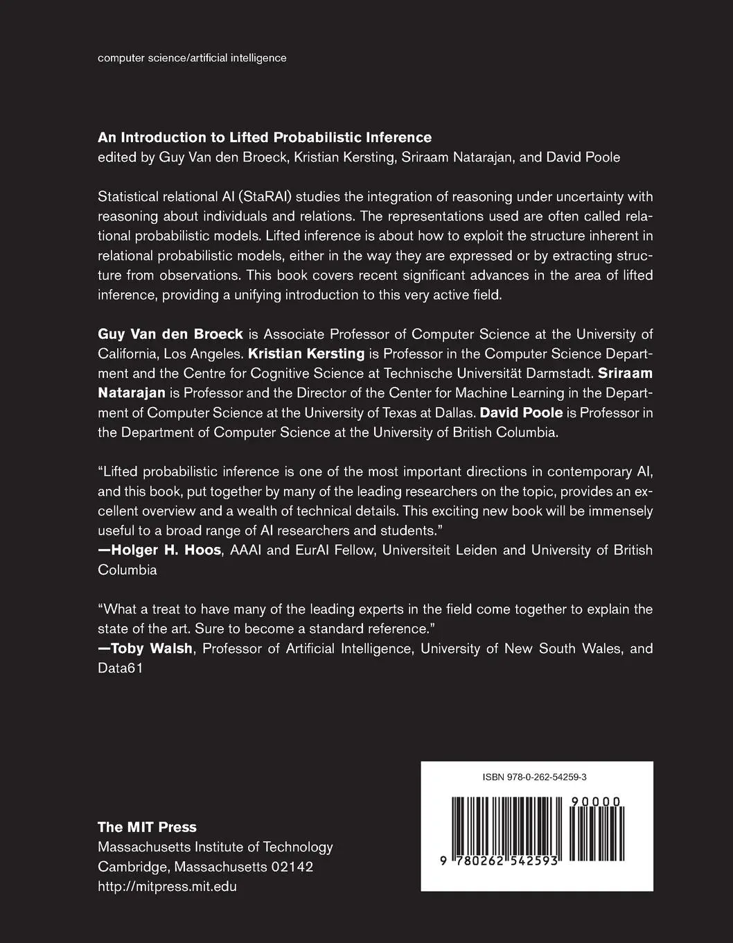 Rückseite: 9780262542593 | An Introduction to Lifted Probabilistic Inference | Broeck (u. a.)