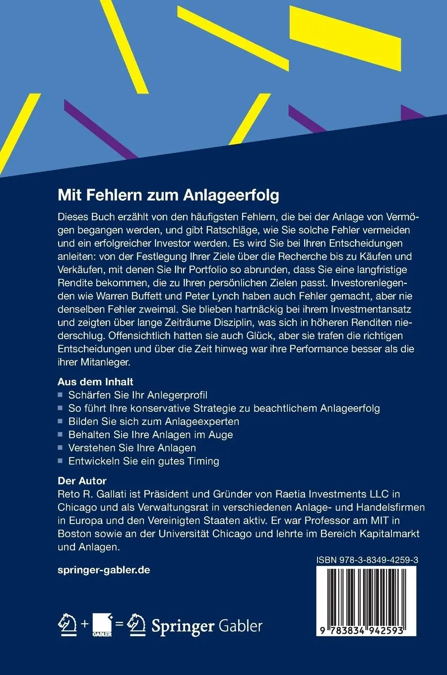 Rückseite: 9783834942593 | Mit Fehlern zum Anlageerfolg | Reto R. Gallati | Buch | xv | Deutsch