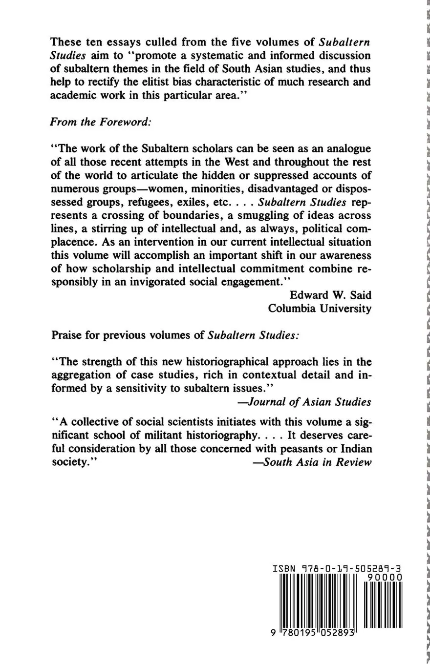 Rückseite: 9780195052893 | Selected Subaltern Studies | Ranajit Guha (u. a.) | Taschenbuch | 1989