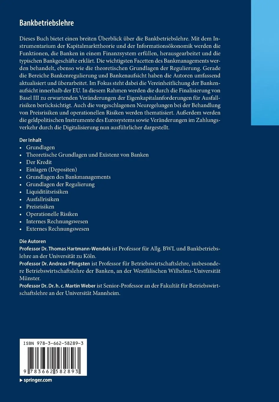 Rückseite: 9783662582893 | Bankbetriebslehre | Thomas Hartmann-Wendels (u. a.) | Taschenbuch