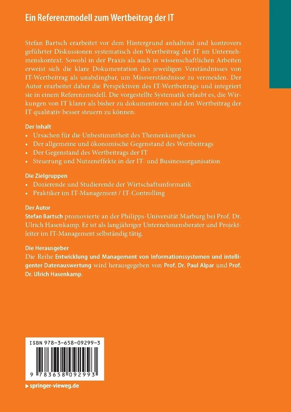 Rückseite: 9783658092993 | Ein Referenzmodell zum Wertbeitrag der IT | Stefan Bartsch | Buch | xx