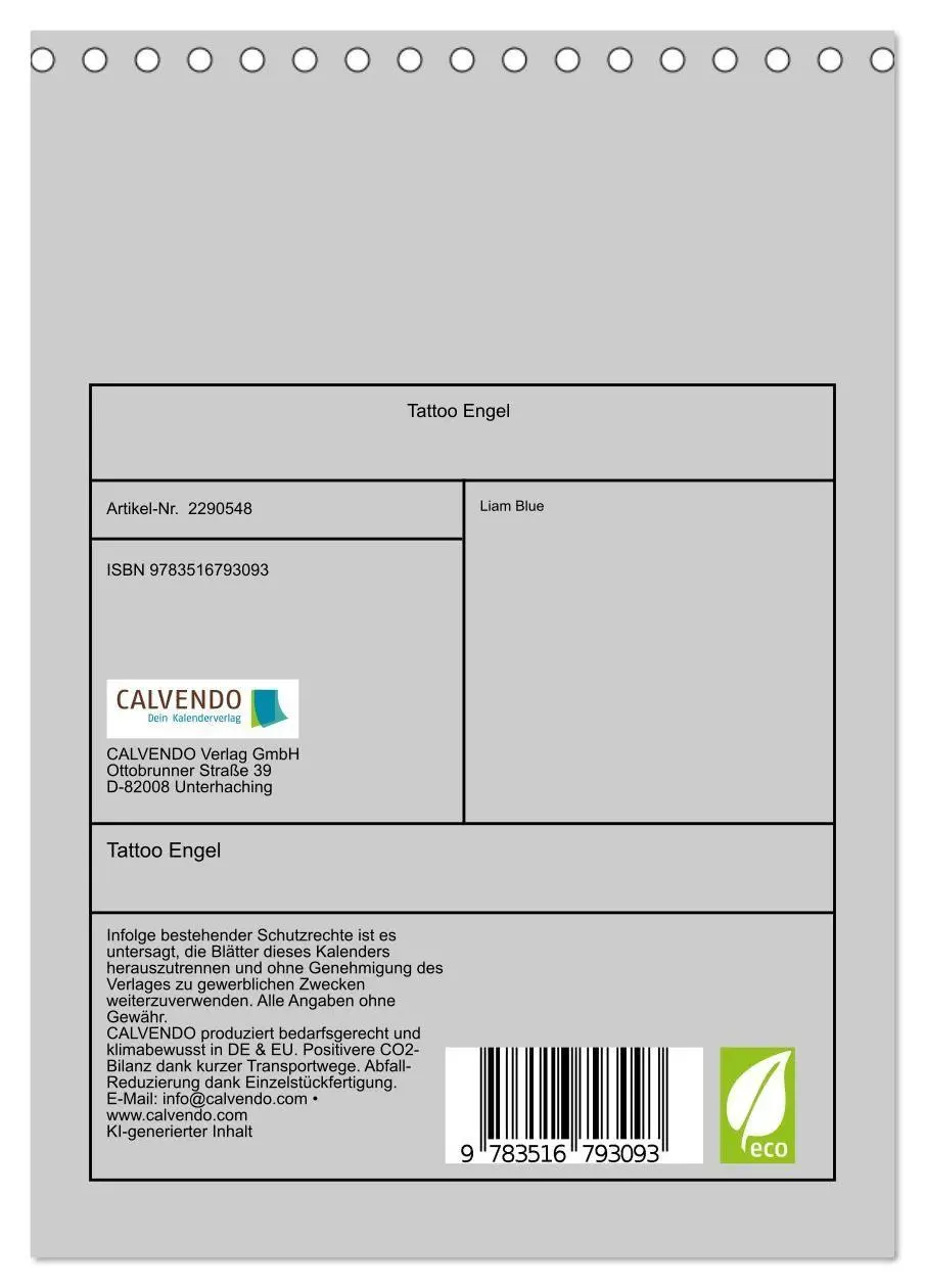 Bild: 9783516793093 | Tattoo Engel (Tischkalender 2027 DIN A5 hoch), CALVENDO Monatskalender