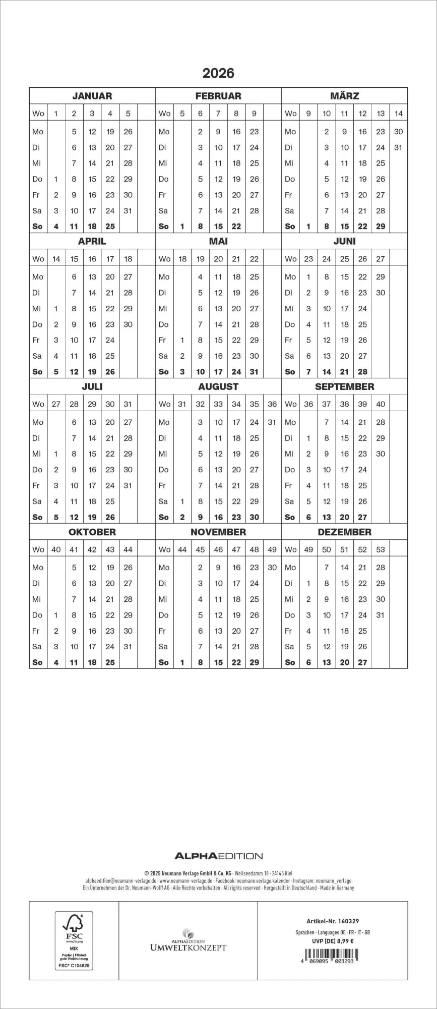 Rückseite: 4069095003293 | Glücksmomente für dich und mich 2026 - Familien-Timer 19,5x45 cm -...