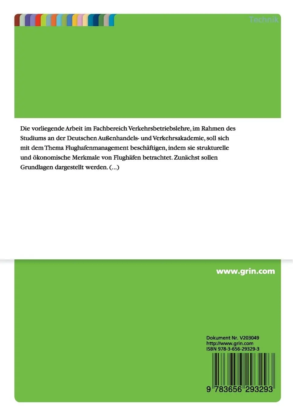Rückseite: 9783656293293 | Flughafenmanagement - Strukturelle und ökonomische Merkmale von...