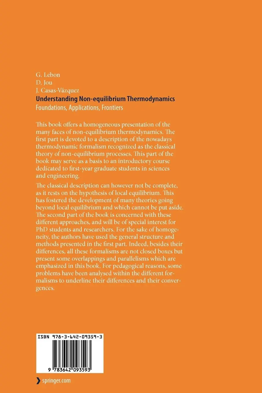 Rückseite: 9783642093593 | Understanding Non-equilibrium Thermodynamics | David Jou (u. a.) | xiv