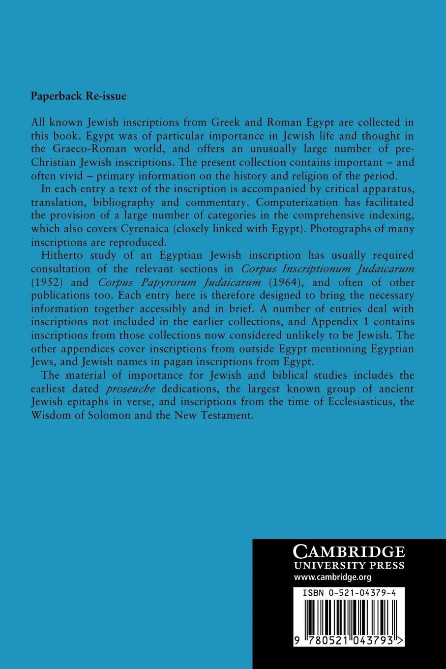 Rückseite: 9780521043793 | Jewish Inscriptions of Graeco-Roman Egypt | William Horbury (u. a.)