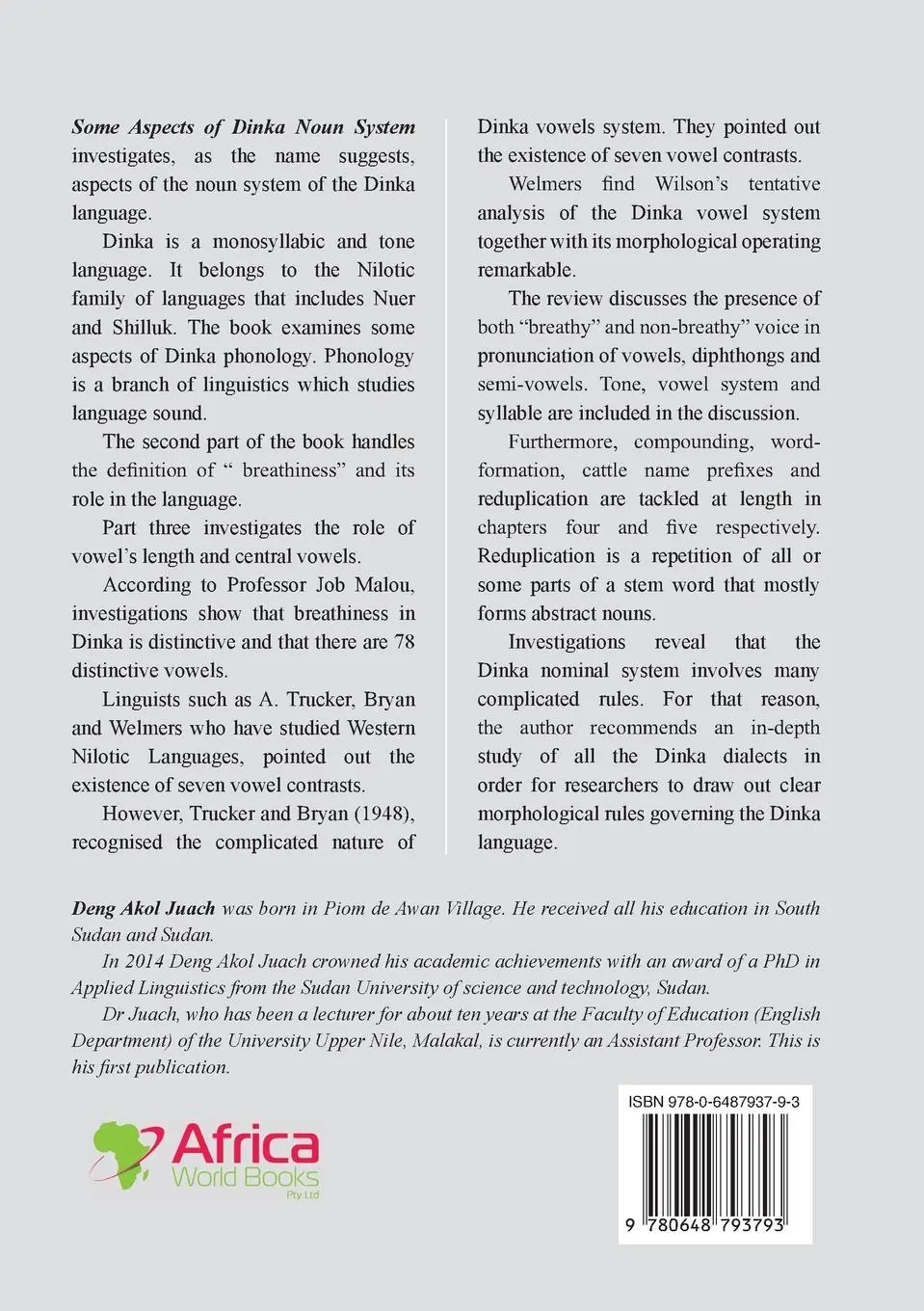 Rückseite: 9780648793793 | Some Aspects of Dinka Noun System | Deng Akol Juach | Taschenbuch