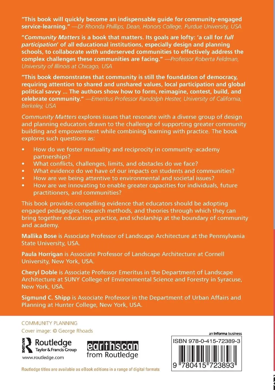 Rückseite: 9780415723893 | Community Matters | Service-Learning in Engaged Design and Planning