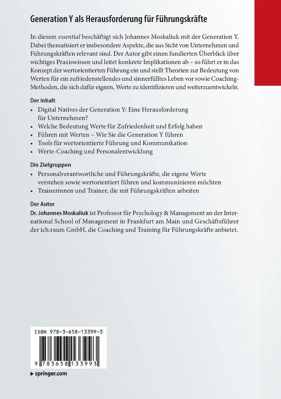 Rückseite: 9783658133993 | Generation Y als Herausforderung für Führungskräfte | Moskaliuk | Buch