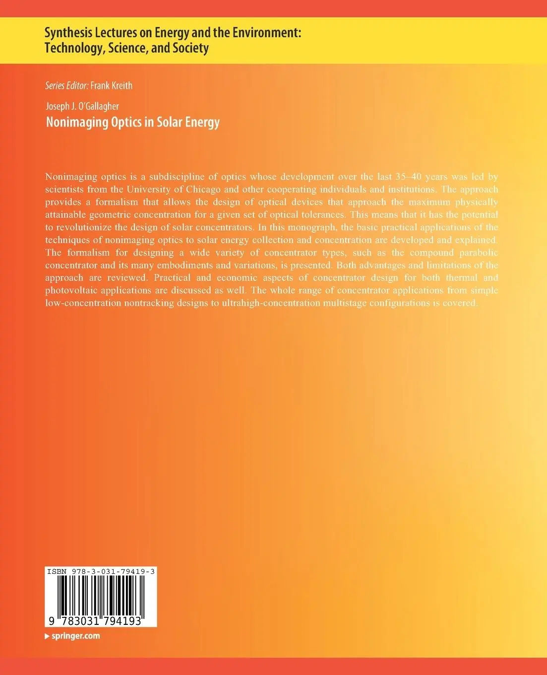 Rückseite: 9783031794193 | Nonimaging Optics in Solar Energy | Joseph O'Gallagher | Taschenbuch