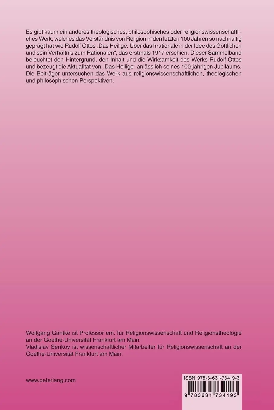 Rückseite: 9783631734193 | 100 Jahre «Das Heilige» | Beiträge zu Rudolf Ottos Grundlagenwerk