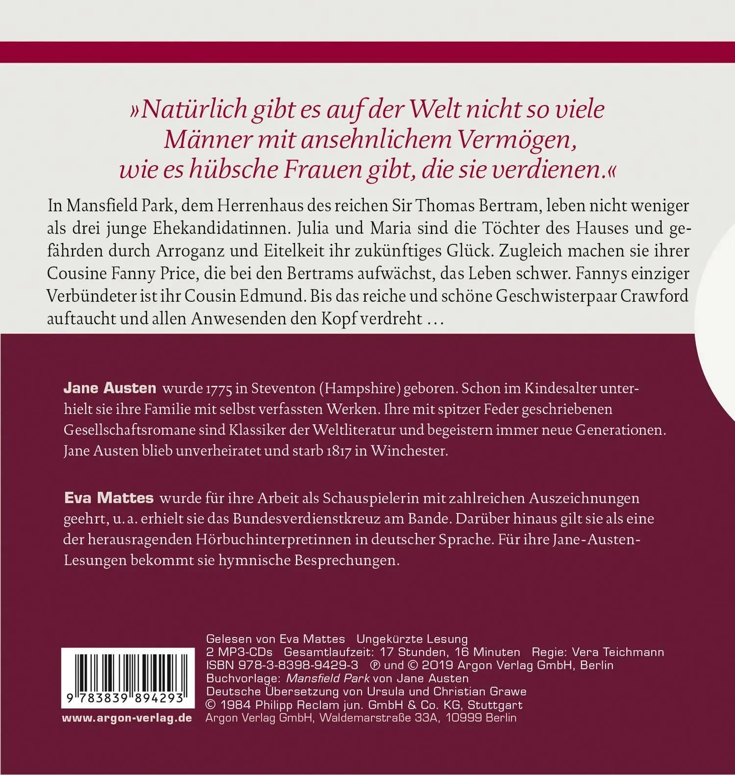 Rückseite: 9783839894293 | Mansfield Park | Jane Austen | MP3 | Deutsch | 2019