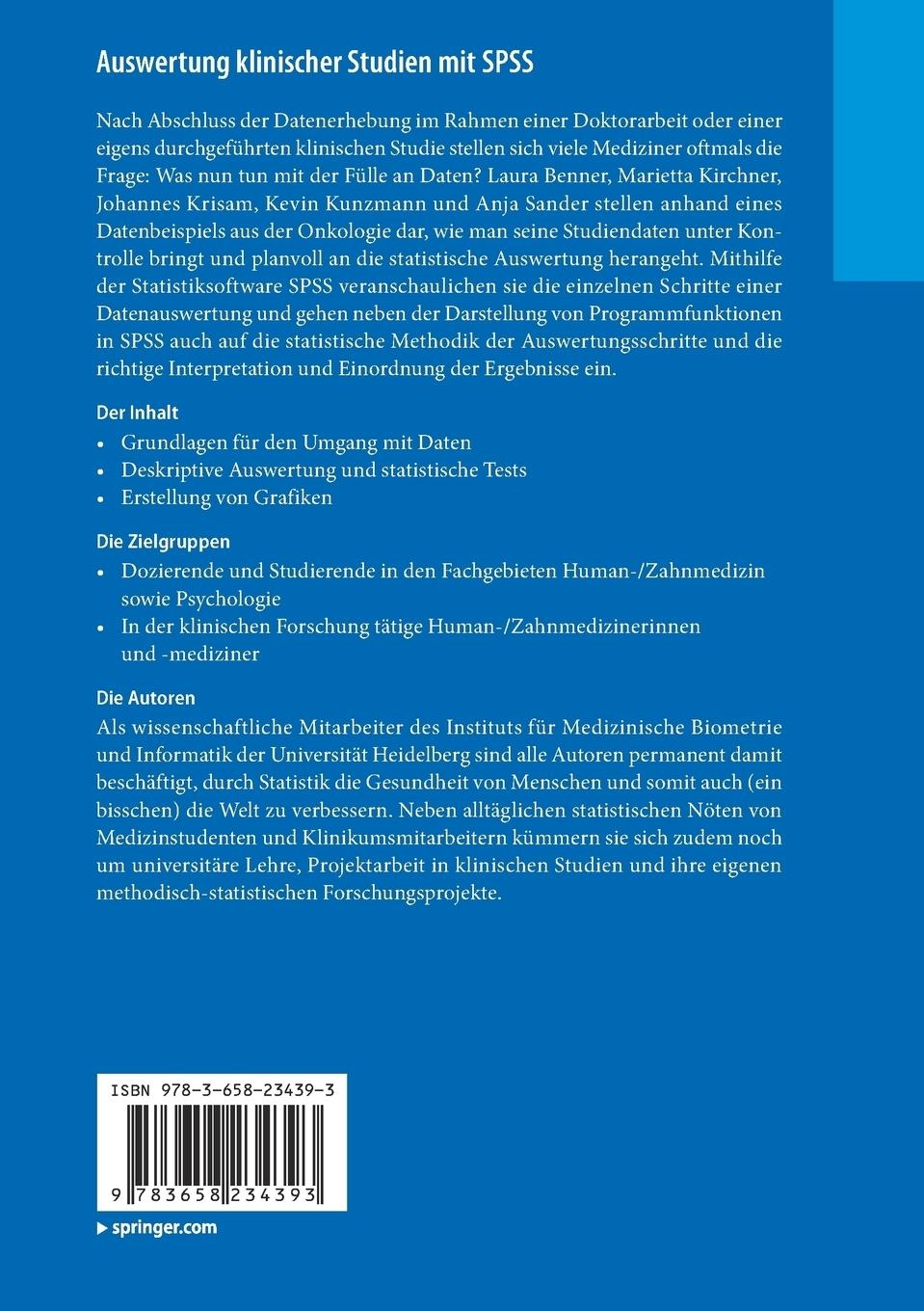 Rückseite: 9783658234393 | Auswertung klinischer Studien mit SPSS | Laura Benner (u. a.) | Buch