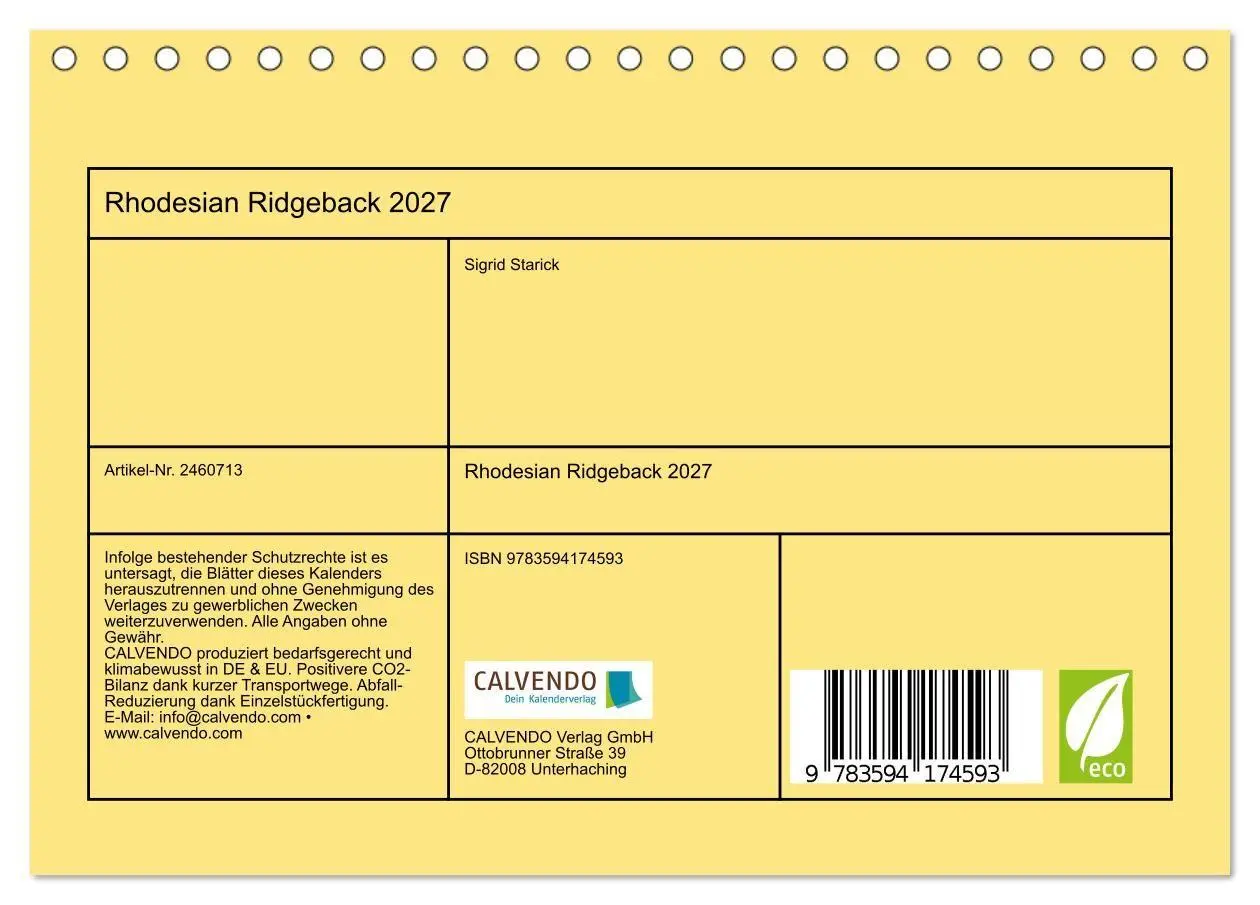 Bild: 9783594174593 | Rhodesian Ridgeback 2027 (Tischkalender 2027 DIN A5 quer), CALVENDO...