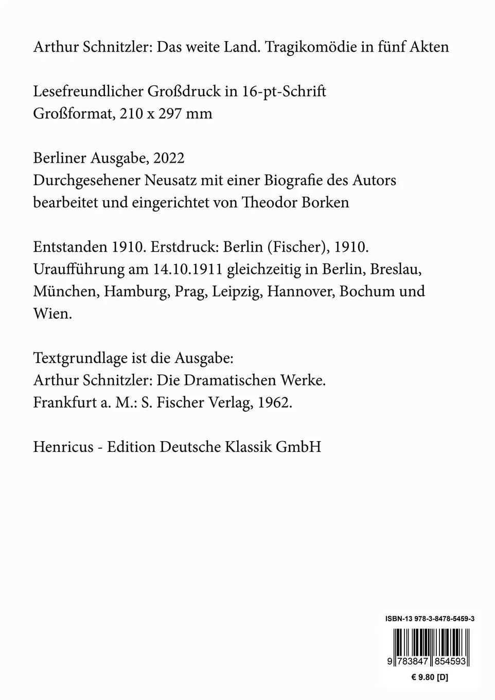 Rückseite: 9783847854593 | Das weite Land (Großdruck) | Tragikomödie in fünf Akten | Schnitzler