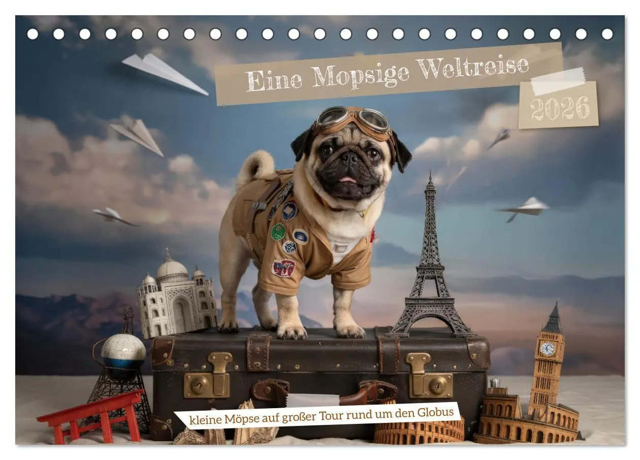 Cover: 9783516164893 | Eine Mopsige Weltreise (Tischkalender 2026 DIN A5 quer), CALVENDO...