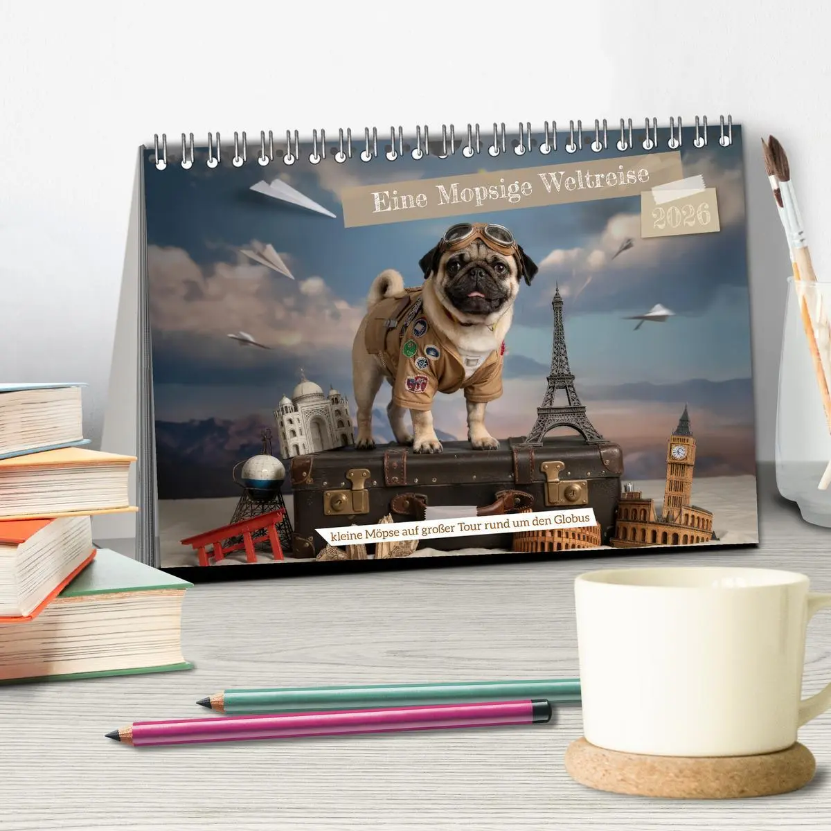 Bild: 9783516164893 | Eine Mopsige Weltreise (Tischkalender 2026 DIN A5 quer), CALVENDO...