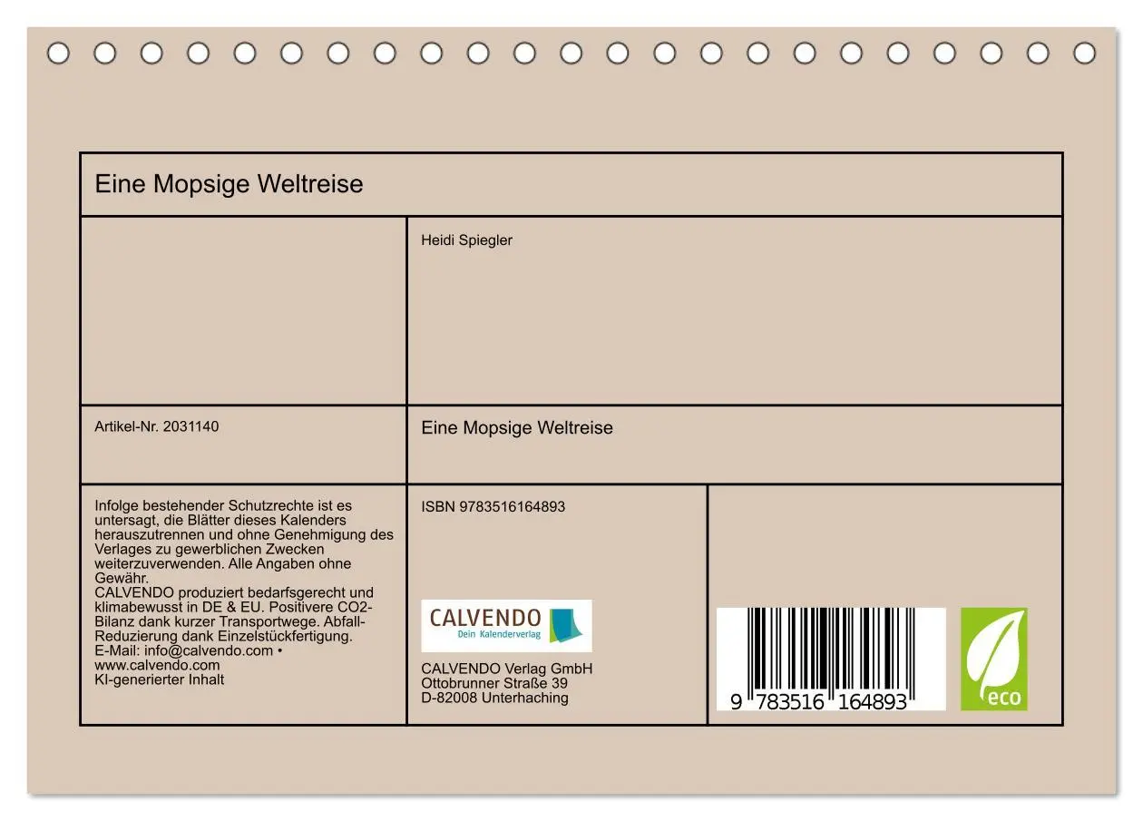 Bild: 9783516164893 | Eine Mopsige Weltreise (Tischkalender 2026 DIN A5 quer), CALVENDO...