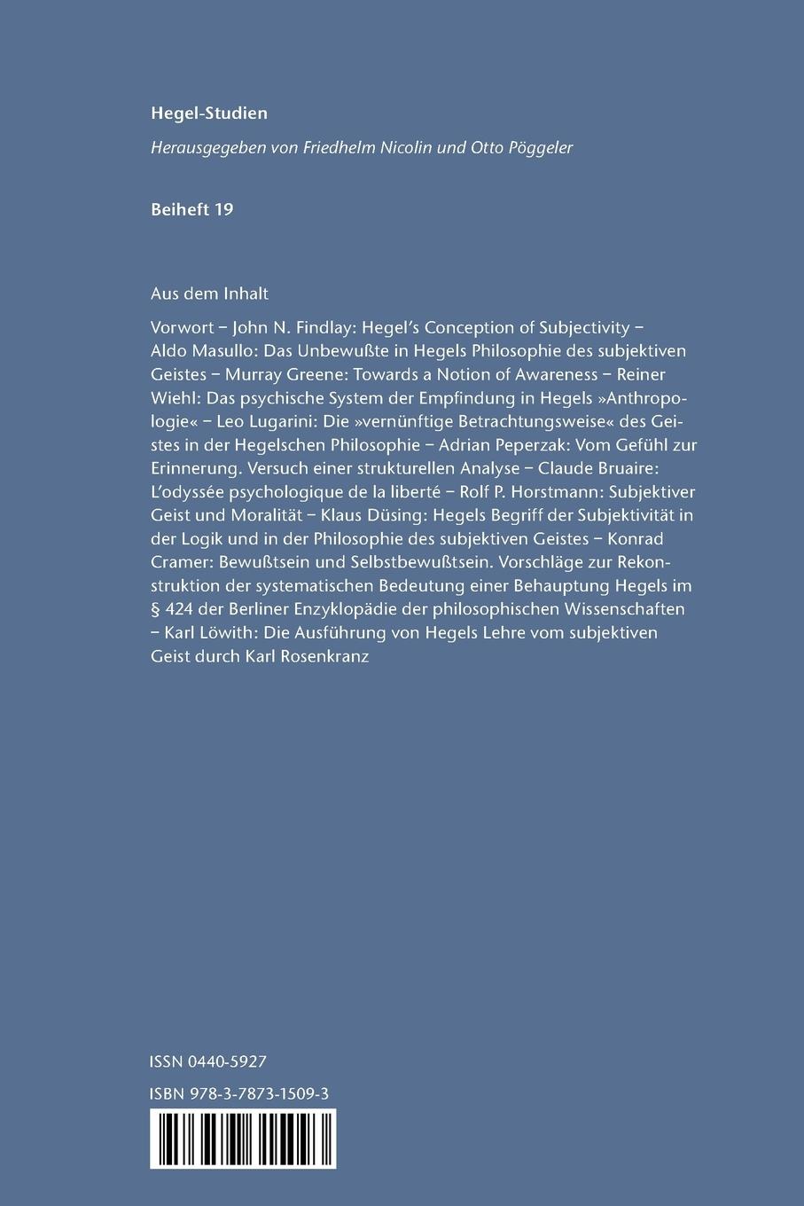 Rückseite: 9783787315093 | Hegels philosophische Psychologie | Hegel-Tage Santa Margherita 1973