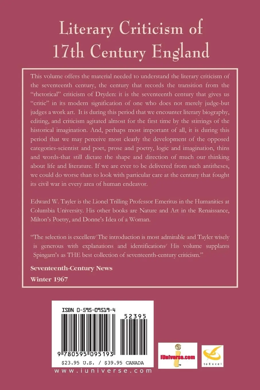 Rückseite: 9780595095193 | Literary Criticism of Seventeenth-Century England | Edward W. Tayler