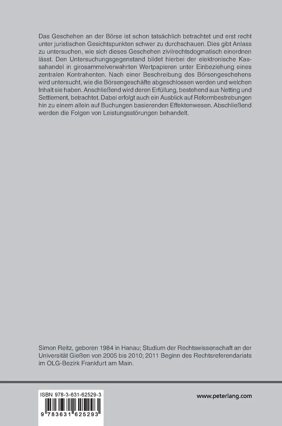 Rückseite: 9783631625293 | Börsengeschäfte, Übertragung von Wertpapieren und Leistungsstörungen