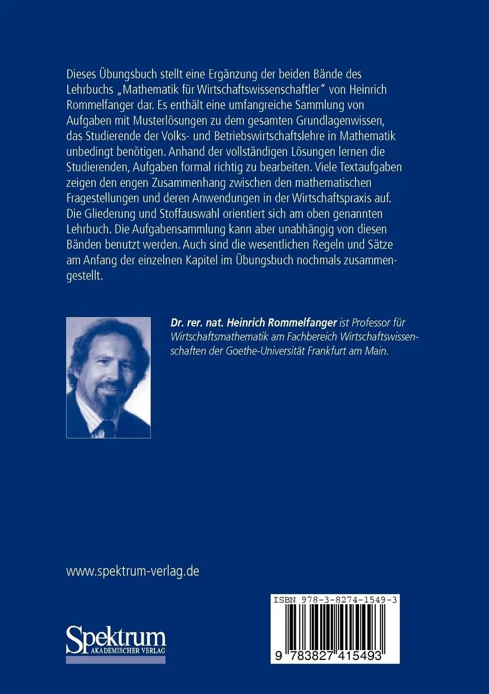 Rückseite: 9783827415493 | Übungsbuch Mathematik für Wirtschaftswissenschaftler | Rommelfanger