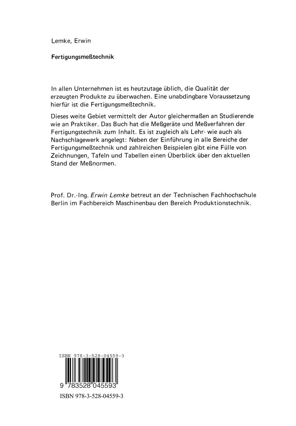 Rückseite: 9783528045593 | Fertigungsmeßtechnik | Erwin Lemke | Taschenbuch | Deutsch | 1988