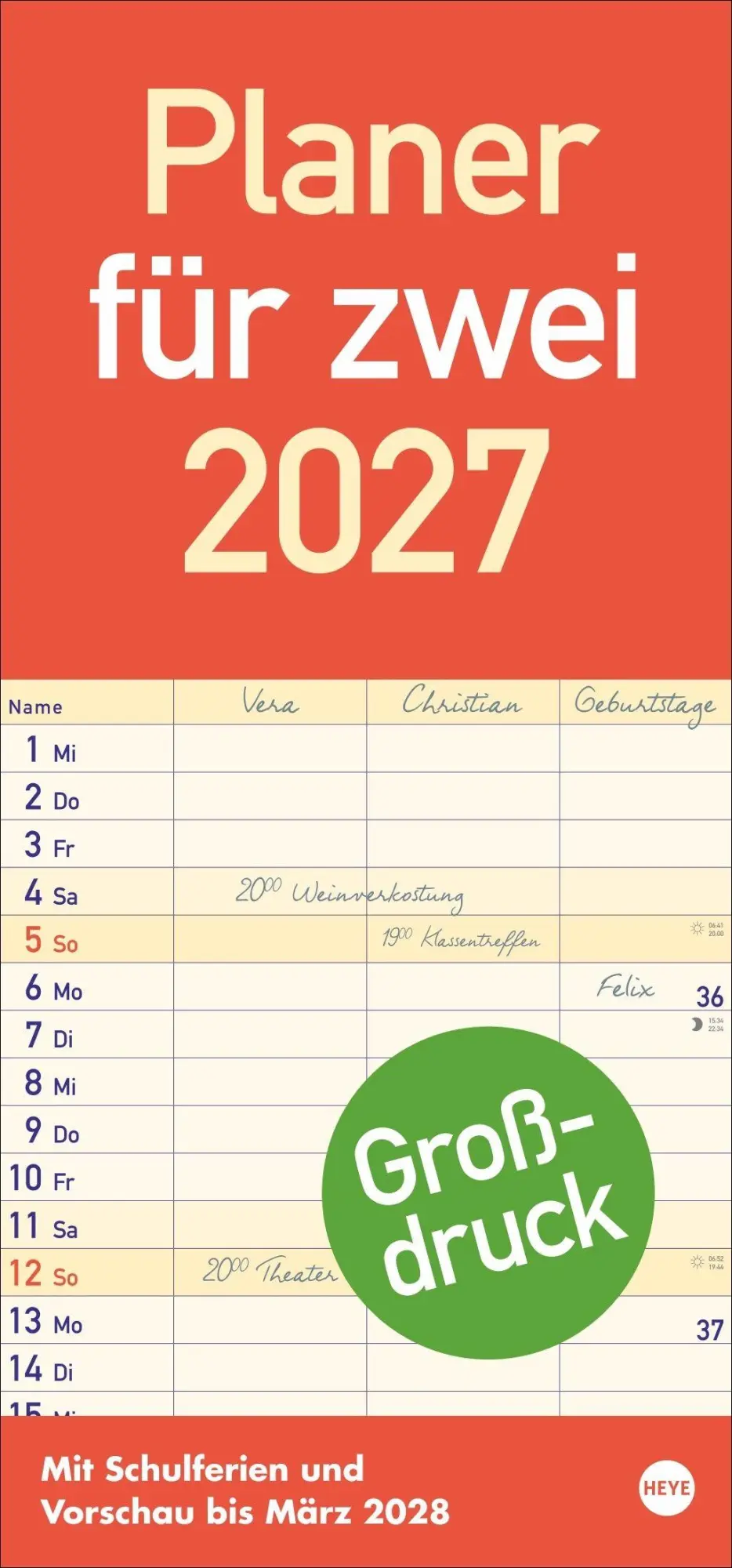 Cover: 9783756415793 | Großdruck Planer für zwei 2027 | Kalender | Bürokalender Heye | 14 S.