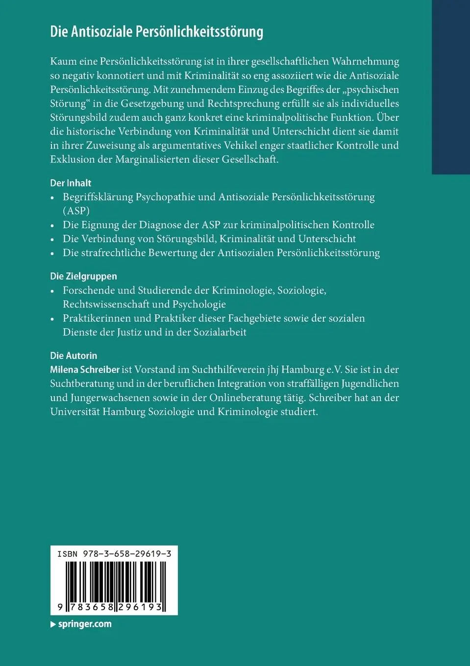 Rückseite: 9783658296193 | Die Antisoziale Persönlichkeitsstörung | Milena Schreiber | Buch | xii