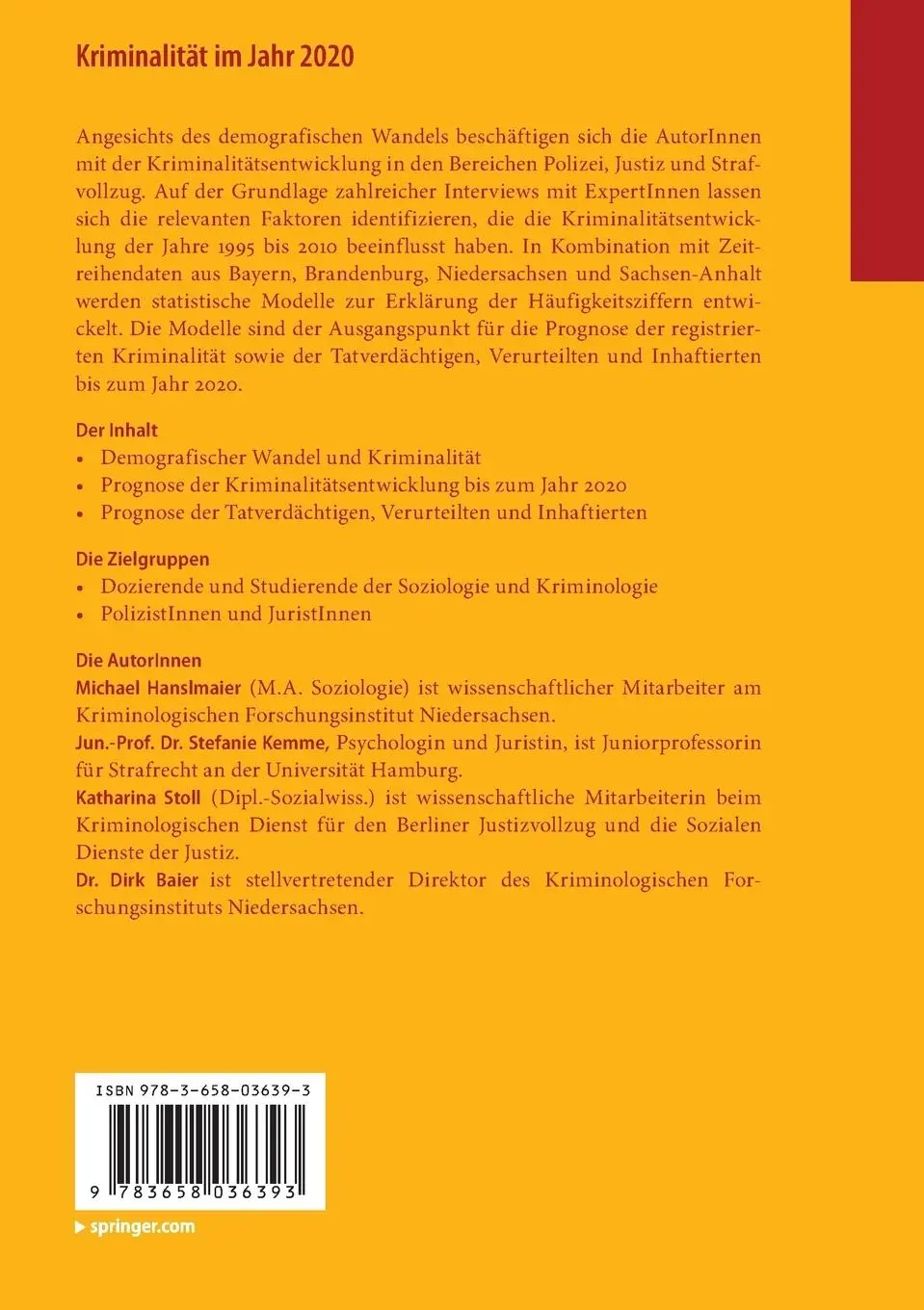 Rückseite: 9783658036393 | Kriminalität im Jahr 2020 | Michael Hanslmaier (u. a.) | Taschenbuch