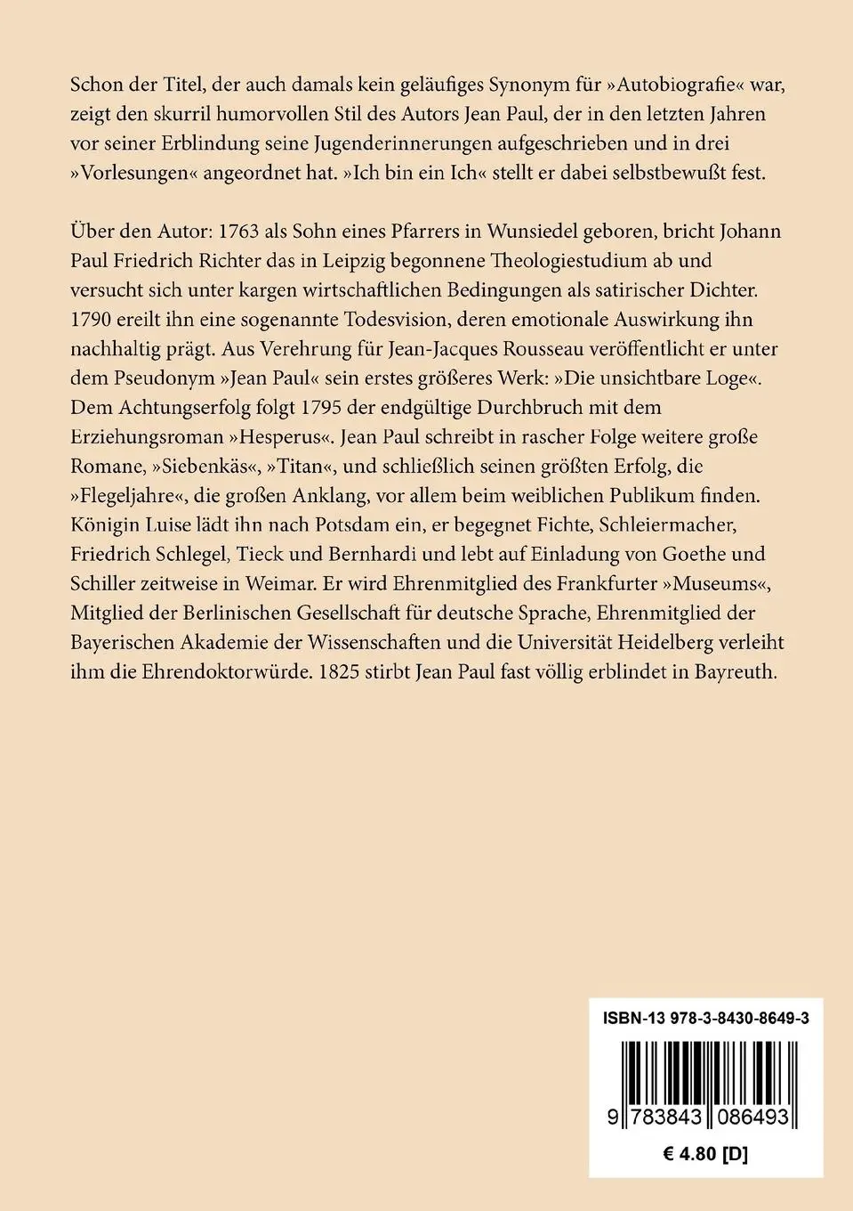 Rückseite: 9783843086493 | Selberlebensbeschreibung | Jean Paul | Taschenbuch | 64 S. | Deutsch