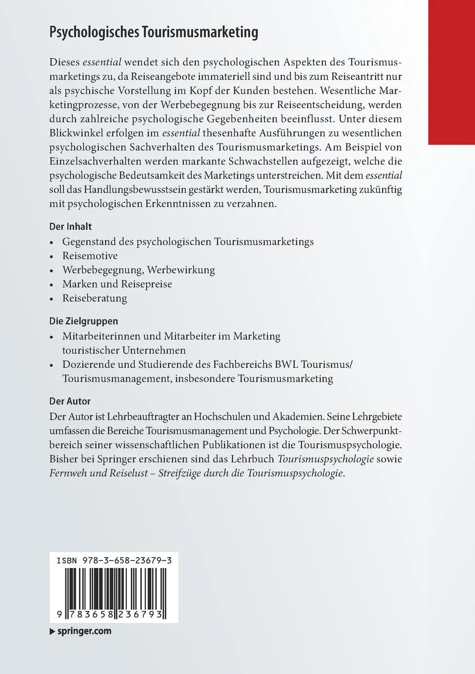 Rückseite: 9783658236793 | Psychologisches Tourismusmarketing | Thesen zu ausgewählten Aspekten