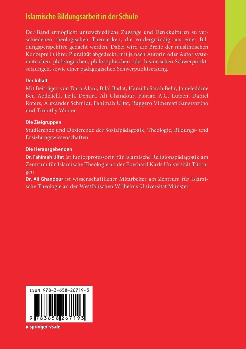 Rückseite: 9783658267193 | Islamische Bildungsarbeit in der Schule | Ali Ghandour (u. a.) | Buch