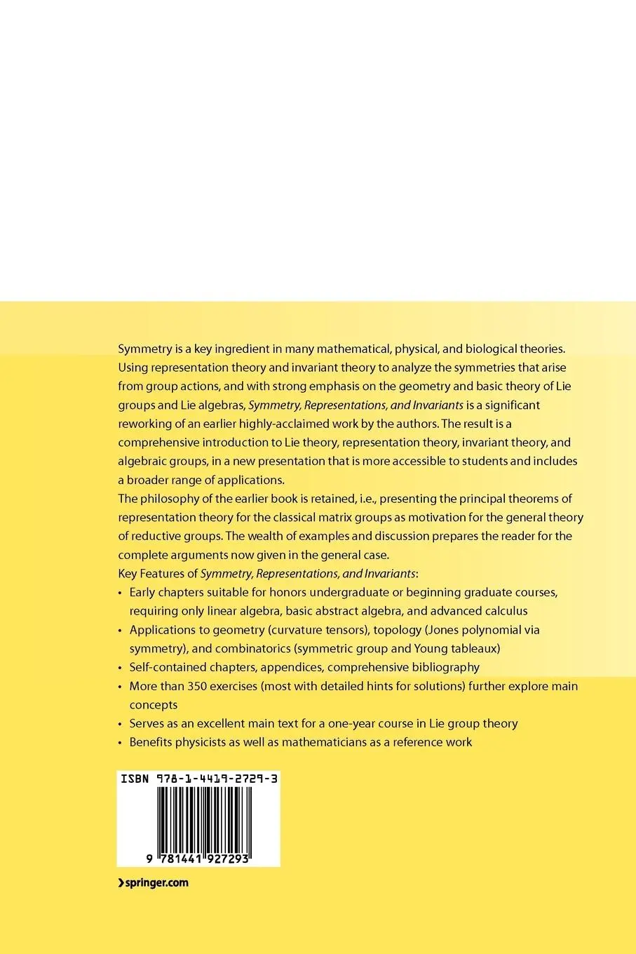 Rückseite: 9781441927293 | Symmetry, Representations, and Invariants | Roe Goodman (u. a.) | Buch
