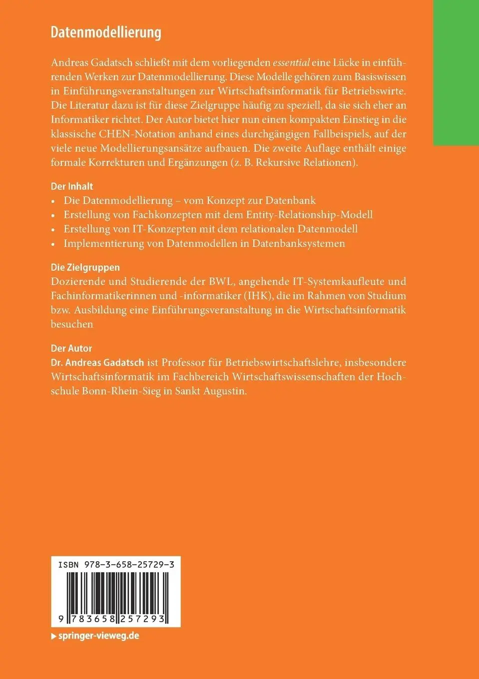 Rückseite: 9783658257293 | Datenmodellierung | Andreas Gadatsch | Taschenbuch | xii | Deutsch
