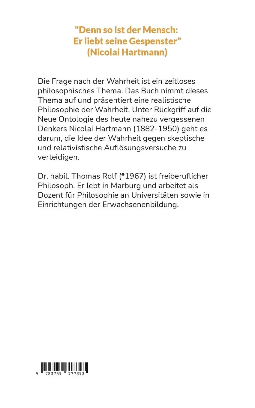 Rückseite: 9783759777393 | Über die Wahrheit | Philosophieren mit Nicolai Hartmann | Thomas Rolf