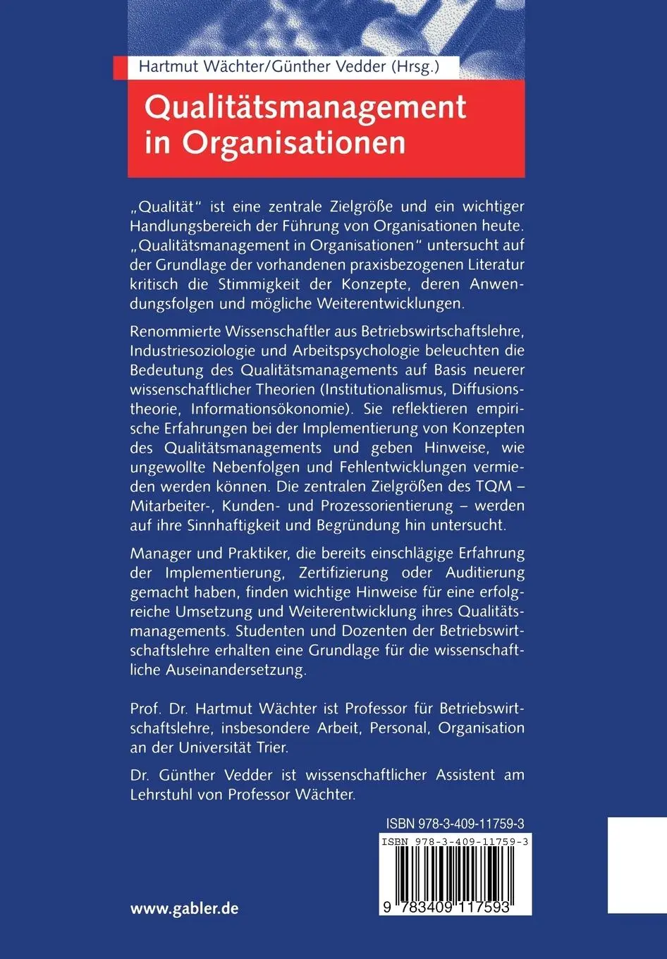Rückseite: 9783409117593 | Qualitätsmanagement in Organisationen | Günther Vedder (u. a.) | Buch