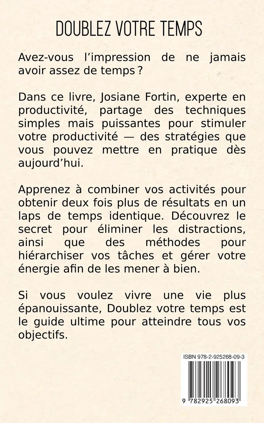 Rückseite: 9782925268093 | Doublez votre temps | Josiane Fortin | Taschenbuch | Französisch