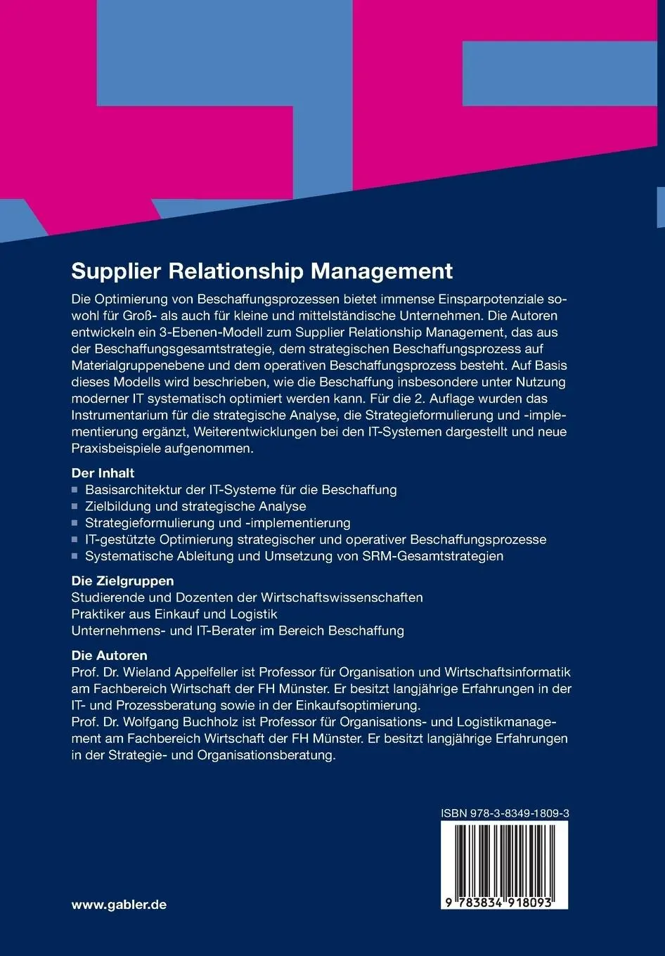 Rückseite: 9783834918093 | Supplier Relationship Management | Wolfgang Buchholz (u. a.) | Buch