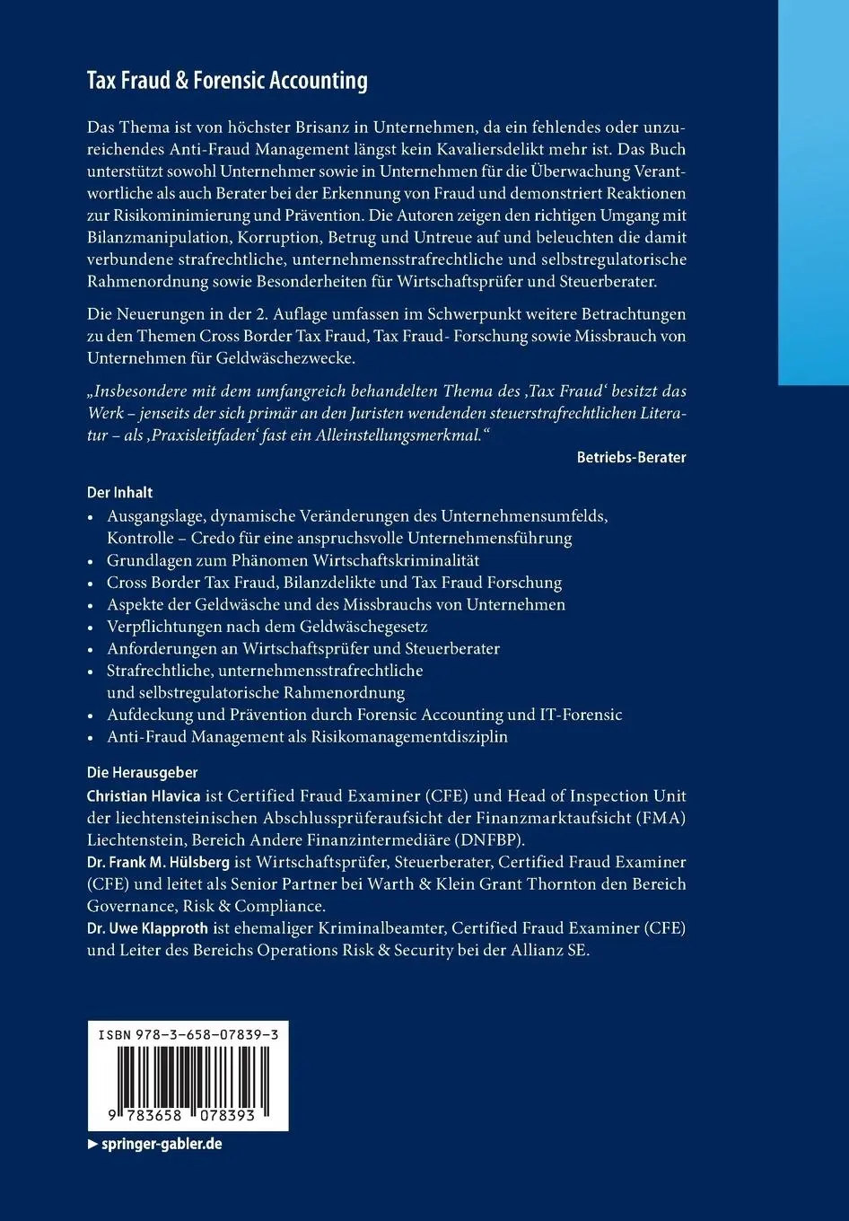 Rückseite: 9783658078393 | Tax Fraud &amp; Forensic Accounting | Umgang mit Wirtschaftskriminalität