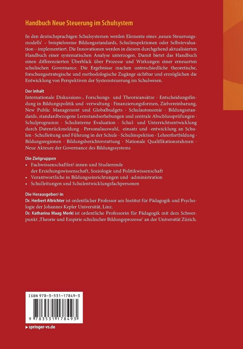 Rückseite: 9783531178493 | Handbuch Neue Steuerung im Schulsystem | Katharina Maag Merki (u. a.)