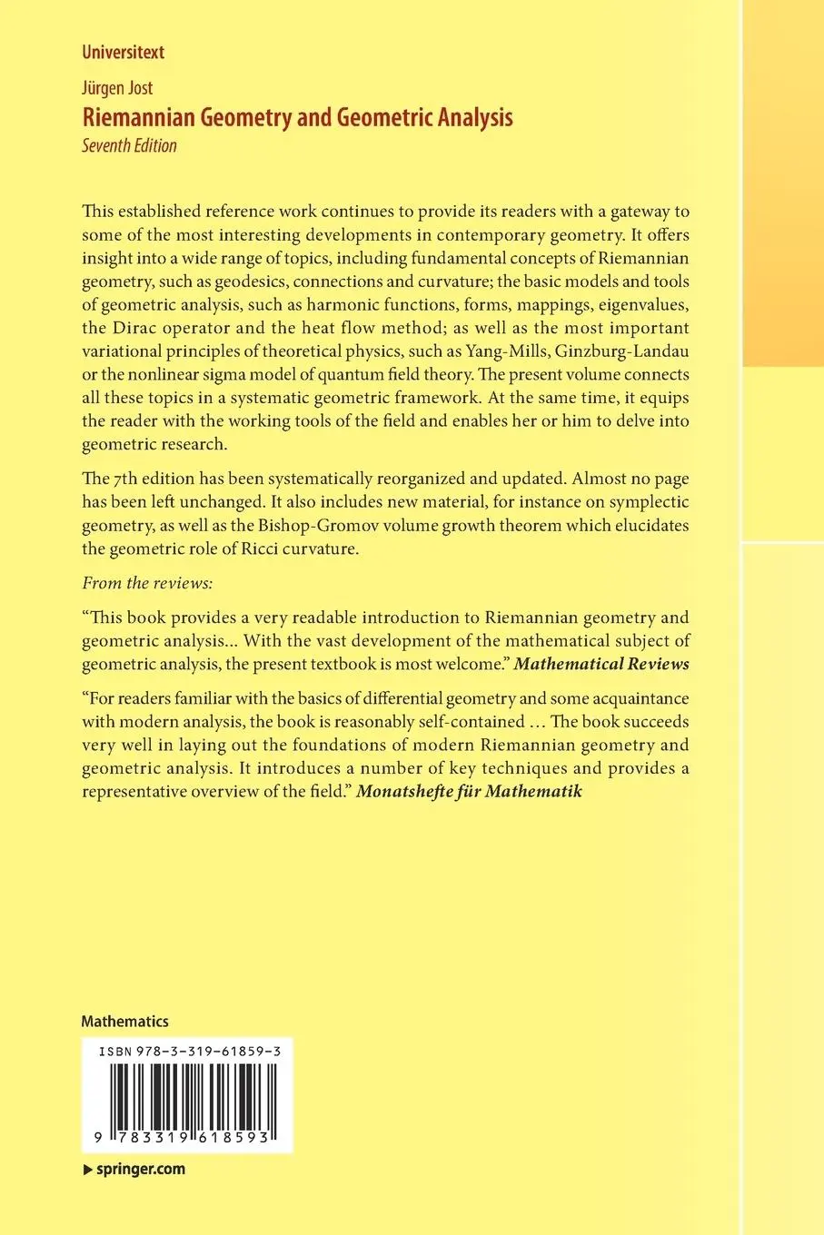 Rückseite: 9783319618593 | Riemannian Geometry and Geometric Analysis | Jürgen Jost | Taschenbuch