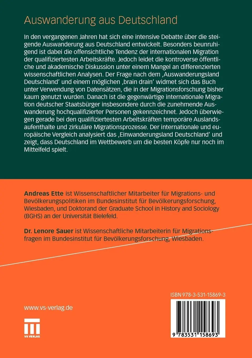 Rückseite: 9783531158693 | Auswanderung aus Deutschland | Lenore Sauer (u. a.) | Taschenbuch